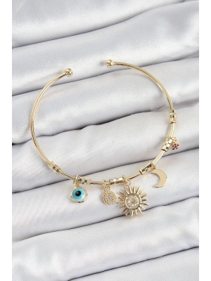 Pirinç Zirkon Taşlı Güneş Ay Nazar Model Gold Renk Charm Bileklik