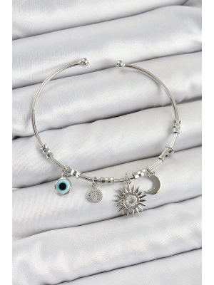 Pirinç Zirkon Taşlı Güneş Ay Ve Nazar Model Gümüş Renk Charm Bileklik