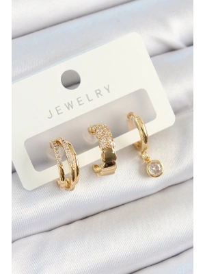 Pirinç Zirkon Taşlı Halka Model Gold Renk 3lü Çift Kadın Küpe Set