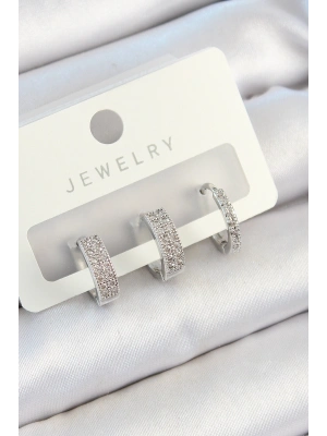 Pirinç Zirkon Taşlı Halka Model Gümüş Renk 3lü Çift Kadın Küpe Set