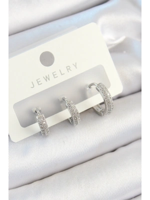 Pirinç Zirkon Taşlı Halka Model Gümüş Renk 3lü Çift Kadın Küpe Set