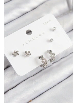 Pirinç Zirkon Taşlı Halka Model Gümüş Renk 925 Ayar Gümüş Çivi Kadın Küpe Set