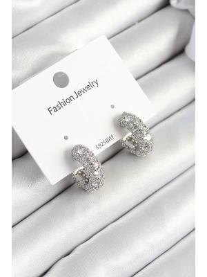 Pirinç Zirkon Taşlı Halka Model Gümüş Renk Kadın Küpe