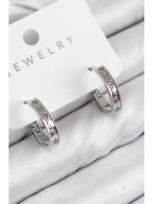 Pirinç Zirkon Taşlı Halka Model Gümüş Renk Kadın Küpe