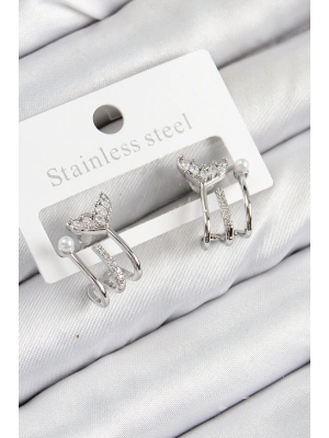 Pirinç Zirkon Taşlı İnci Detaylı Balık Kuyruğu Model Gümüş Renk Kadın Küpe