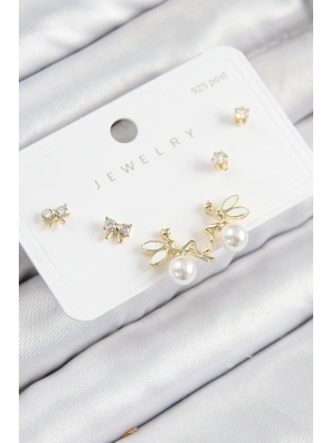 Pirinç Zirkon Taşlı İnci Melek Model Gold Renk 925 Ayar Gümüş Çivi Kadın Küpe Set