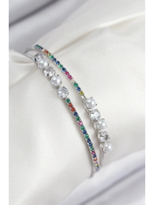 Pirinç Zirkon Taşlı İnci Model Gümüş Renk Kadın Bileklik