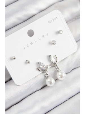 Pirinç Zirkon Taşlı İnci Sallantılı Damla Model Gümüş Renk 925 Ayar Gümüş Çivi Kadın Küpe Set