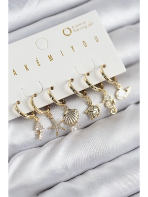 Pirinç Zirkon Taşlı İstiridye Balina Ve Yıldız Gold Renk 6lı Küpe Set