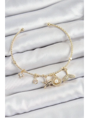Pirinç Zirkon Taşlı İstiridye Ve Deniz Yıldızı Model Gold Renk Charm Bileklik