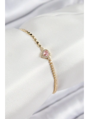 Pirinç Zirkon Taşlı Kalp Model Ezme Zincir Gold Renk Kadın Bileklik