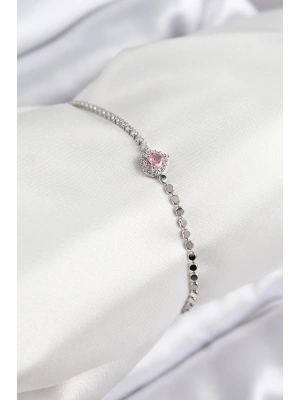 Pirinç Zirkon Taşlı Kalp Model Ezme Zincir Gümüş Renk Kadın Bileklik