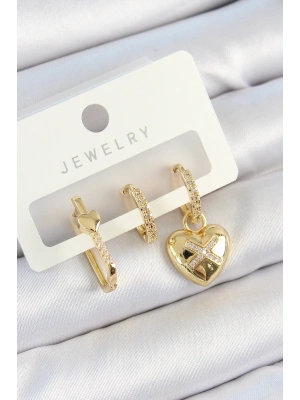 Pirinç Zirkon Taşlı Kalp Model Gold Renk 3lü Çift Kadın Küpe Set