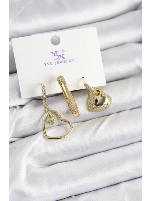 Pirinç Zİrkon Taşlı Kalp Model Gold Renk 3lü Kadın Küpe