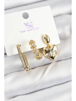 Pirinç Zİrkon Taşlı Kalp Model Gold Renk 3lü Kadın Küpe