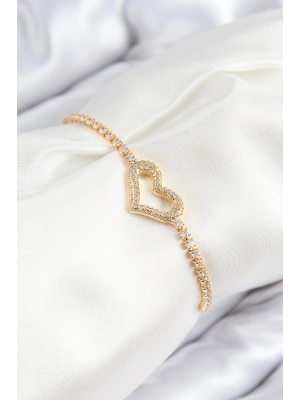 Pirinç Zirkon Taşlı Kalp Model Gold Renk Asansörlü Kadın Bileklik