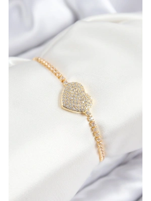 Pirinç Zirkon Taşlı Kalp Model Gold Renk Asansörlü Kadın Bileklik