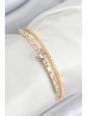 Pirinç Zirkon Taşlı Kalp Model Gold Renk Kadın Bileklik