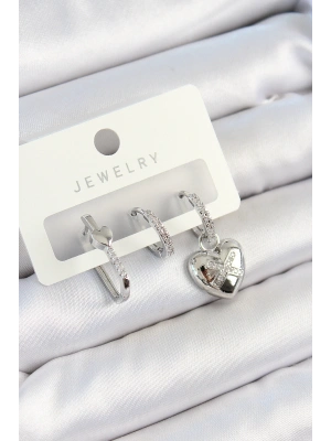 Pirinç Zirkon Taşlı Kalp Model Gümüş Renk 3lü Çift Kadın Küpe Set