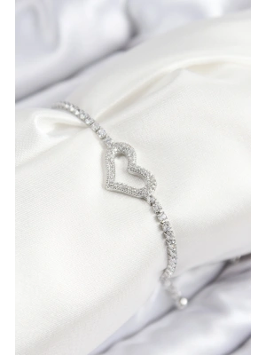 Pirinç Zirkon Taşlı Kalp Model Gümüş Renk Asansörlü Kadın Bileklik