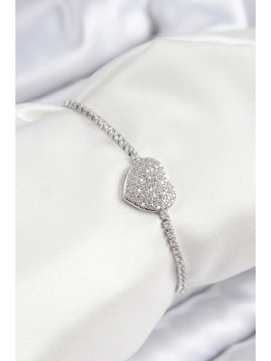 Pirinç Zirkon Taşlı Kalp Model Gümüş Renk Asansörlü Kadın Bileklik