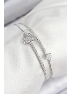 Pirinç Zirkon Taşlı Kalp Model Gümüş Renk Kadın Bileklik