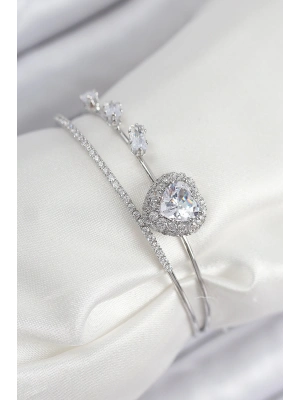 Pirinç Zirkon Taşlı Kalp Model Gümüş Renk Kadın Bileklik