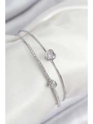 Pirinç Zirkon Taşlı Kalp Model Gümüş Renk Kadın Bileklik