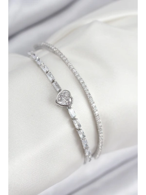 Pirinç Zirkon Taşlı Kalp Model Gümüş Renk Kadın Bileklik