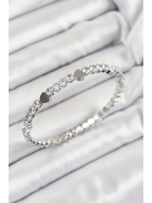 Pirinç Zirkon Taşlı Kalp Model Gümüş Renk Yaylı Kadın Bileklik