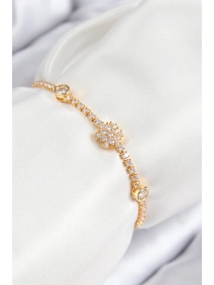 Pirinç Zirkon Taşlı Kar Tanesi Model Gold Renk Asansörlü Kadın Bileklik