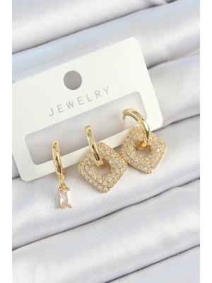Pirinç Zirkon Taşlı Kare Model Gold Renk 3lü Çift Kadın Küpe Set
