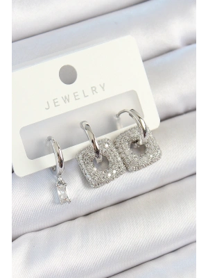 Pirinç Zirkon Taşlı Kare Model Gümüş Renk 3lü Çift Kadın Küpe Set