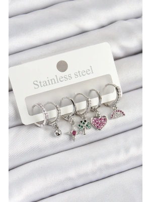 Pirinç Zirkon Taşlı Karpuz Yonca Kalp Pusula Karışık Model Gümüş Renk 6lı Set Kadın Küpe