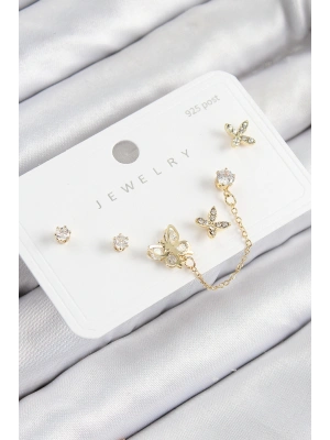 Pirinç Zirkon Taşlı Kelebek Model Gold Renk 925 Ayar Gümüş Çivi Kadın Küpe Set
