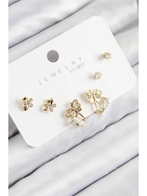 Pirinç Zirkon Taşlı Kelebek Model Gold Renk 925 Ayar Gümüş Çivi Kadın Küpe Set