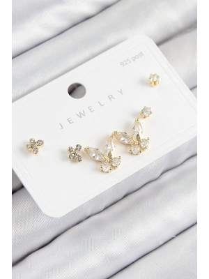 Pirinç Zirkon Taşlı Kelebek Model Gold Renk 925 Ayar Gümüş Çivi Kadın Küpe Set
