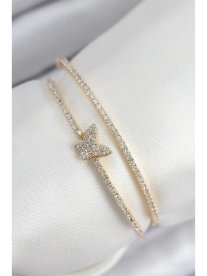 Pirinç Zirkon Taşlı Kelebek Model Gold Renk Kadın Bileklik