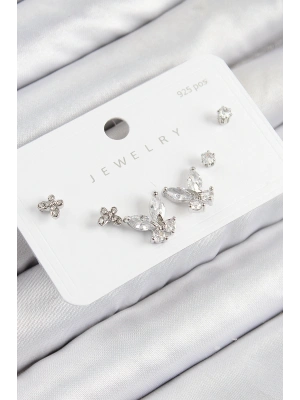 Pirinç Zirkon Taşlı Kelebek Model Gümüş Renk 925 Ayar Gümüş Çivi Kadın Küpe Set