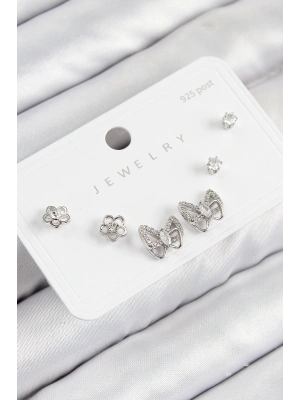 Pirinç Zirkon Taşlı Kelebek Model Gümüş Renk 925 Ayar Gümüş Çivi Kadın Küpe Set