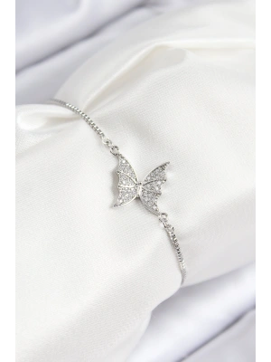 Pirinç Zirkon Taşlı Kelebek Model Gümüş Renk Asansörlü Kadın Bileklik