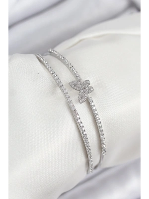 Pirinç Zirkon Taşlı Kelebek Model Gümüş Renk Kadın Bileklik