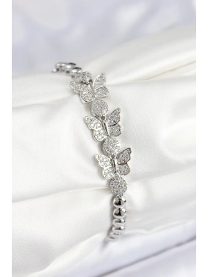 Pirinç Zirkon Taşlı Kelebek Model Gümüş Renk Kadın Bileklik