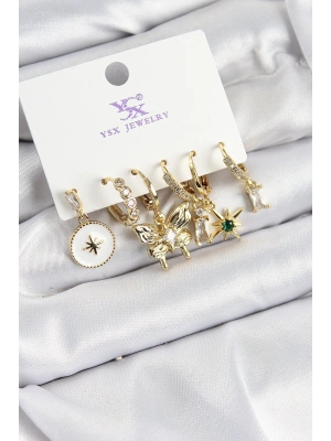 Pirinç Zİrkon Taşlı Kelebek ve Yıldız Model Gold Renk 3lü Çift Kadın Küpe