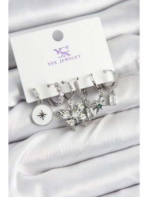 Pirinç Zİrkon Taşlı Kelebek ve Yıldız Model Gümüş Renk 3lü Çift Kadın Küpe