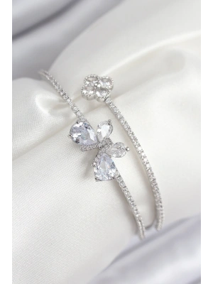 Pirinç Zirkon Taşlı Kelebek Ve Yonca Model Gümüş Renk Kadın Bileklik