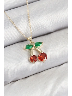 Pirinç Zirkon Taşlı Kiraz Model Gold Renk Kadın Kolye