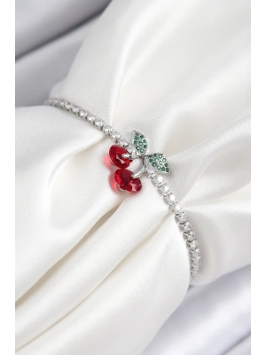 Pirinç Zirkon Taşlı Kiraz Model Gümüş Renk Asansörlü Kadın Bileklik