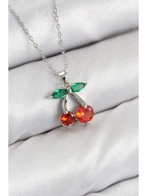 Pirinç Zirkon Taşlı Kiraz Model Gümüş Renk Kadın Kolye