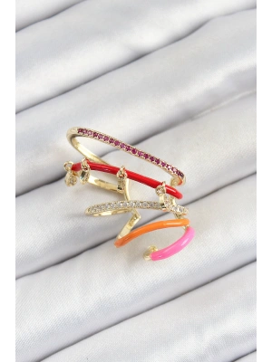 Pirinç Zirkon Taşlı Kırmızı Turuncu Pembe Sıkıştırma Sağ Kıkırdak Gold Renk Kadın Küpe